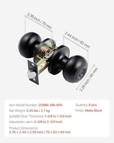 VEVOR 6 Pack Black Door Knobs, Privacy Door Knob with Round Ball, Keyless Exterior & Thumb Turn Lock Interior, All Metal Doorknobs Hardware, Matte Black Modern Design for Bedroom & Bathroom