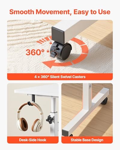 VEVOR Standing Desk, Adjustable Height Mobile Stand Up Desk with Lockable Casters, 32 x 16 in Small Computer Sit Stand Rolling Workstation with Hook, 55.1 lbs Desktop Capacity, for Home Office, White