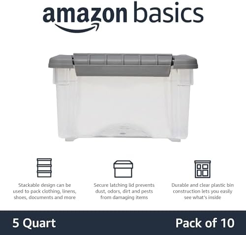Amazon Basics Plastic Storage Containers with Secure Latching Lids, Stackable Organization Bins, Clear/Grey, 5 Quart, Set of 10