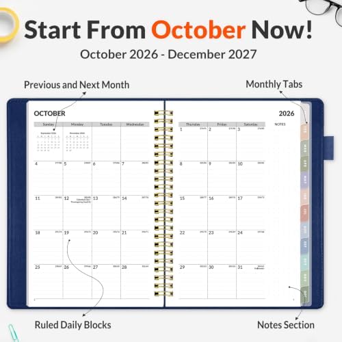 SUNEE 2027 Weekly & Monthly Planner 6.2"x8.5"- 12 Month (January 2027 - December 2027), Vegan Leather Cover, Pocket, Bookmark, Notes, Monthly Tab, Deep Blue
