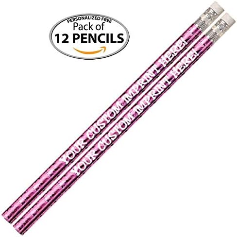 Express Pencils™ Personalized Custom Round Pencils - Glitz & Glitter Foil Theme -Printed w/your name/message/text or logo - Made in the USA - Personalization -Great gift idea- 12/Set (PINK PRISM)