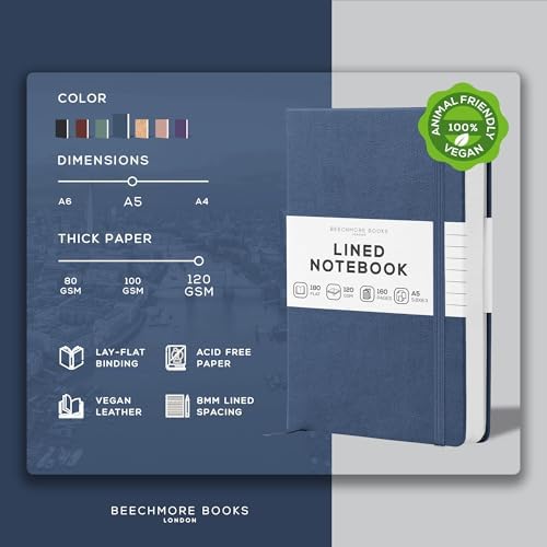 BEECHMORE BOOKS Premium Lined Leather Journal for Men & Women, 5" x 8" (A5) Thick 120gsm Ivory Cream Paper Notebook, Hardcover Vegan Leather Personal Diary, With Gift Box (Symphony Blue) (Pack of 2)