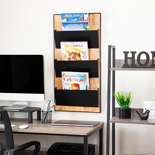 Mind Reader 3-Tier Wall-Mounted File Organizer, Wood and Metal Vertical Rack for Mail, Magazines, and Documents, Black