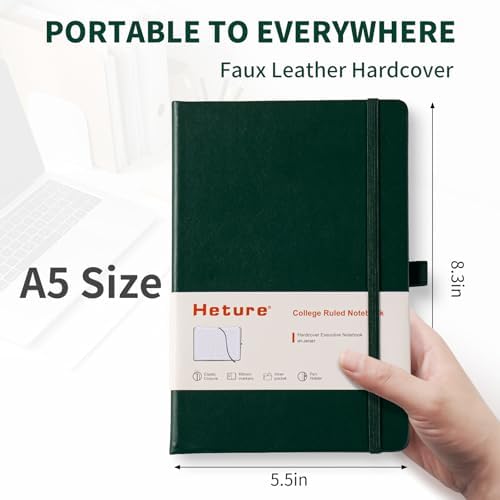 Heture Hardcover Notebooks, 6 Packs A5 Lined Journals Notebook for Writing 160 Pages, 8.2 x 5.5 inch, 6 Colors Classic Ruled Notebooks for College/Work/Travel (Forest Green, 1 Pack)