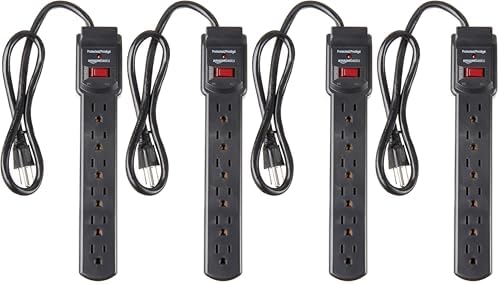 Amazon Basics 6-Outlet Surge Protector Power Strip with 200J Protection, Circuit Breaker, 2ft Extension Cord, Black, 4-Pack