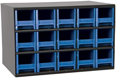 Akro-Mils Steel Garage Storage Cabinet, Small Parts Organizer Metal Cabinet for Hardware, Nails, Screws, Bolts, Nuts, and More, 17" W x 11" D x 11" H, 15-Drawer, Gray Cabinet/Blue Drawers (19715)