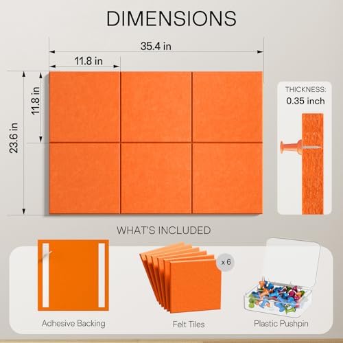 MaxGear Felt Bulletin Board 36" x 24", Orange Felt Wall Tiles Push Pins