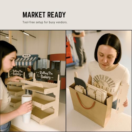 HOTCAN Wooden Cookie Display Stand with Chalkboard Sign for Bakers, Vendors, Craft Fairs | Pastry Display for Market Booths & Events | 3 Tiered Cookie Display for Muffins, Cakes, and Pastries(Natural)