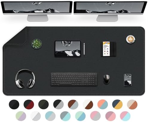 Dual-Sided Desk Mat, Large Desk Pad, Waterproof Smooth PU Leather Desk Blotter Protector Mouse Pad, Desk Organizers, Office/Home Table Decor for Reading and Writing (Black+Black, 47.2''×23.6'')