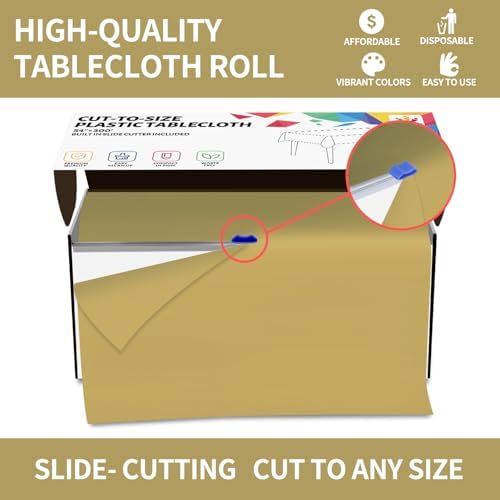 CXPSINC 54 Inch X 300 Feet Plastic Table Cover Roll Disposable Tablecloth with Slide Cutter for All Type/Shape Tables | Party, Banquet, Birthdays, Weddings(Gold, 300 Feet)