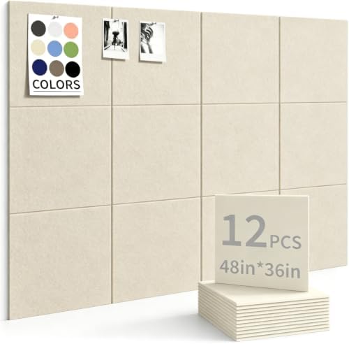 48" x 36" Cork Board Alternative, 12 Pack Felt Bulletin Board Tiles with 30 Adhesive Tabs Wall Push Pin Board for Office Classroom Bedroom Decor