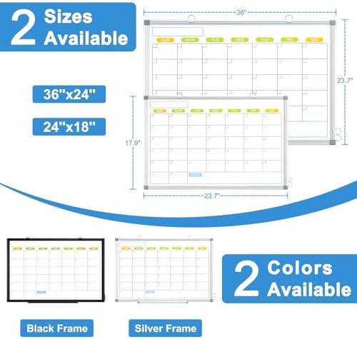 Dry Erase Calendar Whiteboard for Wall, 24" x 18" Monthly White Board