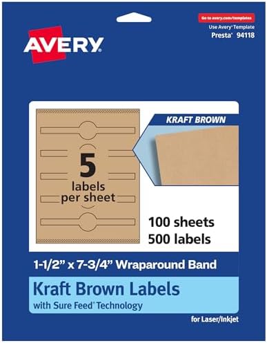 Avery® Kraft Brown Wraparound Band Labels, Sure Feed® Technology, 1.5" x 7.75", 500 Kraft Brown Labels, Print-to-the-Edge, Laser/Inkjet Printable Labels