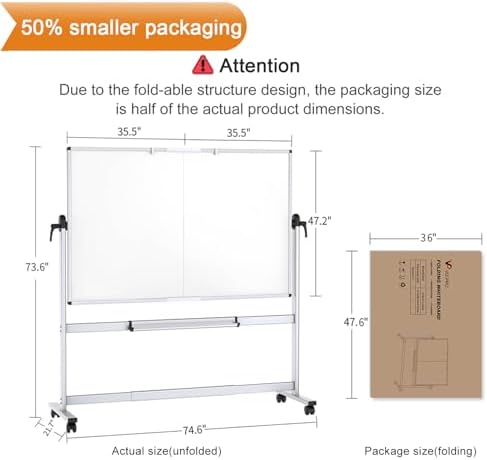 VIZ-PRO Double-Sided Mobile Whiteboard, 72 x 48 Inches, Magnetic Rolling Dry Erase White Board on Wheels with Aluminium Frame and Stand 6' x 4'