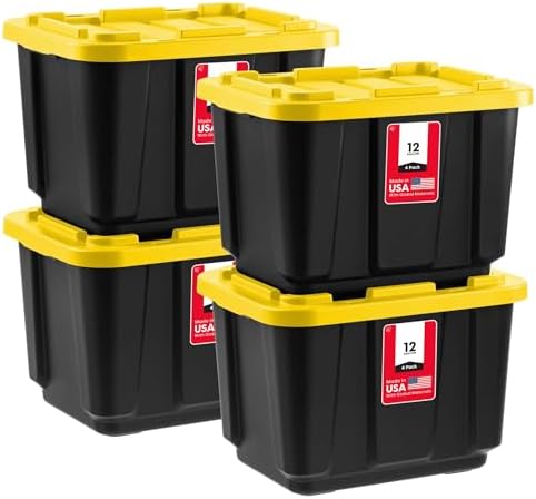 IRIS USA 4-Pack 12 Gal Heavy Duty Storage Tote Bins with Lids, Black/Yellow
