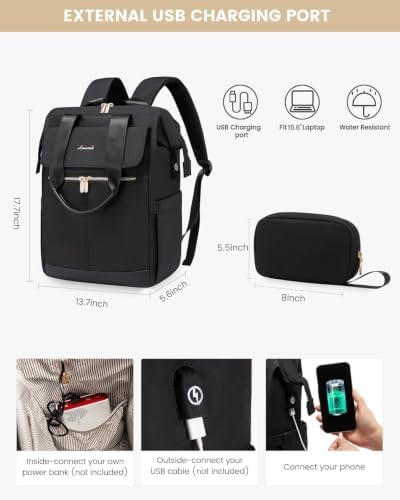 LOVEVOOK Laptop Backpack for Women, 15.6 Inch Work Laptop Bag with USB Port, Fashion Teacher Nurse Backpack Purse, Waterproof Travel Computer Backpack with Organizer Bag, 2PCS, Black