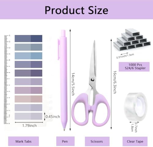Office Supplies,Purple Desk Accessories,Office Supplies Set,Stapler and Tape Dispenser Set,Scissors,Staple Remover,Binder Clips,Staples,Ballpoint Pen,Index Tabs with Ruler,Clear Tape.9pcs for Office