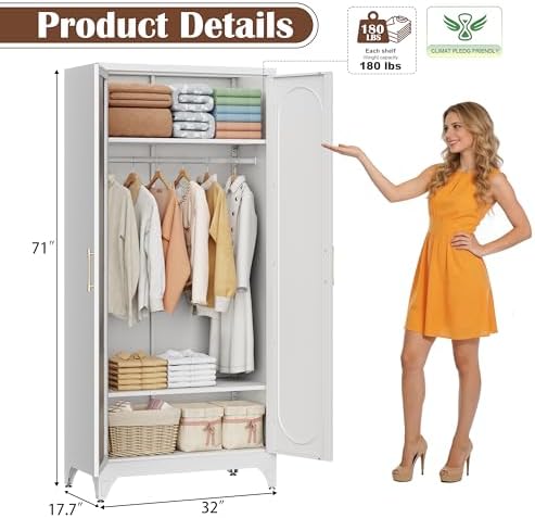 SteeLoong 71”Armoire Wardrobe Close,White Wardrobe Cabinet with Mirror Door