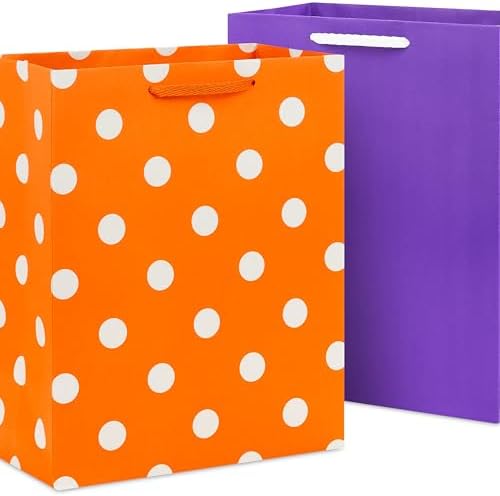 Hallmark Halloween Assorted Gift Bags Bulk - Black, Orange and Purple (12 Bags: 5 Medium 9", 4 Large 13", 3 Extra Large 15") Stripes, Polka Dots, Solids for Kids, Teachers, Birthdays