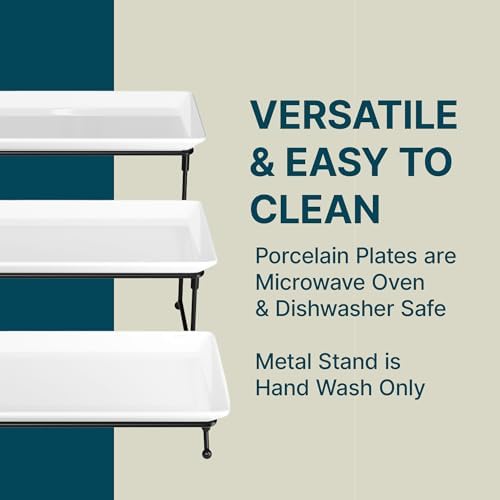 Gibson Elite Gracious Dining 3-Tier Serving Display Stand, Rectangular White Porcelain Plates, Tiered Serving Display - Elegant Food Presentation Display for Parties, Catering, Entertaining Events
