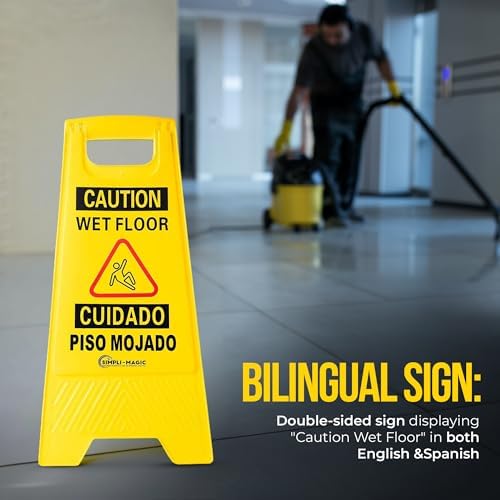 Simpli-Magic 24" Height Wet Floor Caution Signs, 6 Pack – Double-Sided, Bilingual & Foldable Safety Warning Sign – Commercial Grade, Yellow, Plastic