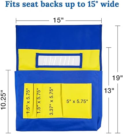 Carson Dellosa 15" x 19" Canvas Blue and Yellow Chairback Buddy Pocket Chart, Seat Storage for Classroom K-2, Classroom Chair Seat Storage with Pockets with 6 Chair Pockets and Student Name Tag | Durable 15x19" Chairback Buddy for Classroom Supplies, D...