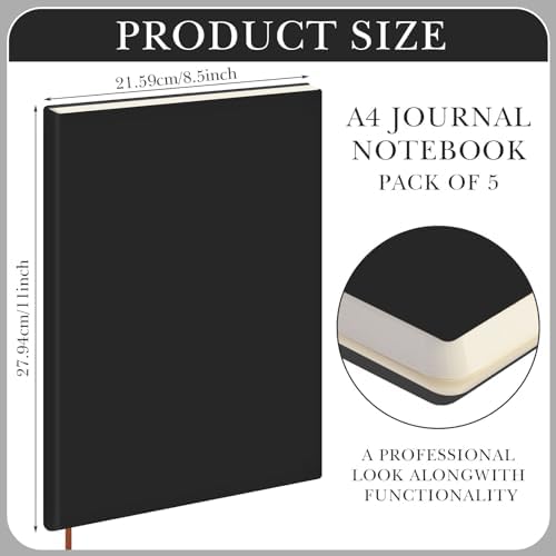 Tenceur 5 Pcs A4 College Ruled Notebook 8.5'' x 11'' Lined Journal 200 Pages Lined Artificial Leather Sketchbook for Writing Office School Business Home Gifts Supplies (Black)