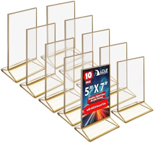 Azar Displays 152799-GLD-5PK Gold Trim Double-Sided Clear Acrylic Frames – Elegant Display Frames for Weddings, Events, and Photos | Premium 5x7 Tabletop Sign Holders (5-Pack)