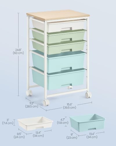 VASAGLE Rolling Cart with Drawers,5 Drawers Storage Cart, Green and White