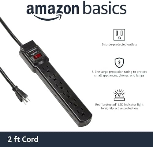 Amazon Basics 6-Outlet Surge Protector Power Strip with 200J Protection, Circuit Breaker, 2ft Extension Cord, Black, 20-Pack
