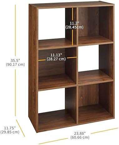 Whitmor 6 Cube Bookcase Storage Organizer, 3 Tier Stackable MDF Bookshelf, Open Storage Display Shelf, Storage Cabinet for Living Room, Bedroom, Home, Office, 23.9" L x 11.7" W x 35.5" H, Walnut