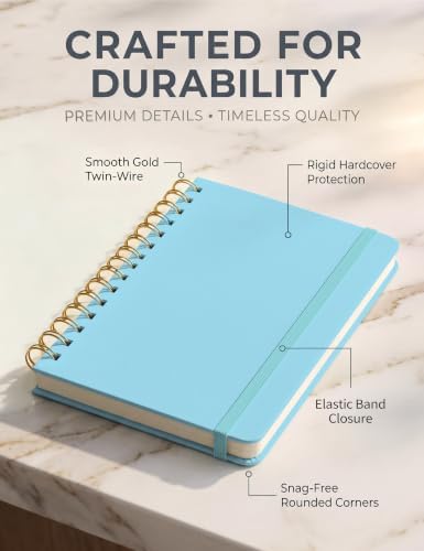 5 Pack Hardcover Spiral Notebooks, 8.3" x 6.3" Lined Journal Set, 100 GSM Bleed-Resistant Paper, 200 Pages Twin-Wire Bound Notebook with Elastic Band & Category Stickers for Office, School