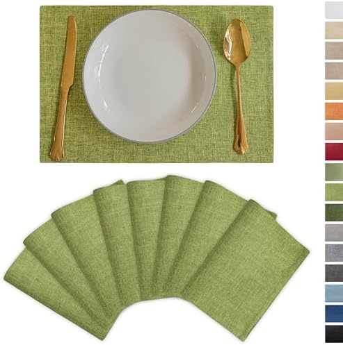 Demetex Table Placemats Set of 8 Olive Green Linen Place Mats Washable Fabric Plate Mats for Picnic Camping Barbecue, 13x19 inch, Lime Green