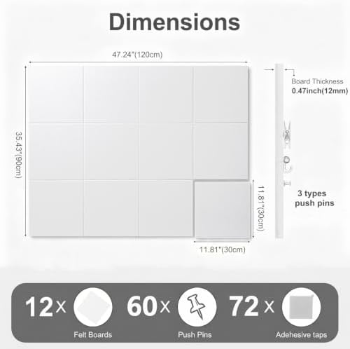 Felt Wall Tiles Bulletin Board Large Cork Board Alternative 12 Pack 11.81”x11.81”x0.47” Felt Pin Board Tack Board with Safe Removable Adhesive Tabs for Home Office School 48x36(White)