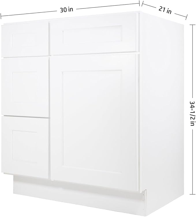 Furinno Shaker Left 3-Drawers Bath Vanity Cabinet, 1-Door, White | 21 D x 30 W x 34.5 H, Adjustable Hinges, Soft-Close Shaker-Style Door, Ready to Assemble, Plywood, for Bathroom, Washroom