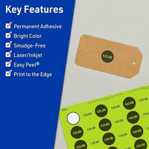 Avery Printable Round Labels, Sure Feed Technology, 1/2" Diameter, Bright Green Labels, Print-to-the-Edge, Laser/Inkjet, 6,160 Total, Great for Price Stickers and Mailing Seals