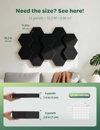 MLV Sound Proof Foam Panels for Walls Sound Dampening & Absorbing for Studio, 12 Pack 1.57" & 2.75" Dual-thickness Hexagon Soundproof Acoustic Tile Noise Reduction for Home Theater Gaming Room