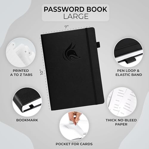 Clever Fox Password Book with Alphabetical Tabs, 7"x10" Keeper Black