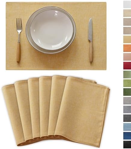Demetex Placemats Set of 6 Yellow Linen Table Mats Heat Resistant Cloth Place Mats for Dining Room Kitchen Tables, Yellow