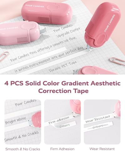 Four Candies Cute Aesthetic Pink School Supplies Kit for Girls | College Supplies and Nursing Essentials Pens, Highlighters, Mechanical Pencils, Sticky Notes for Students, Journaling