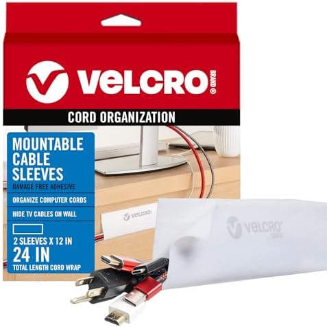 VELCRO Brand Mountable Cable Sleeve, White, 12 in, 2 Pack
