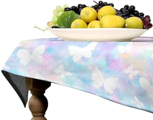 Rainbow Butterfly Tablecloth, Colorful Pink Blue White Butterflies Cartoon Print Table Cover for Farmhouse Kitchen Dining Room Table Decor 55x55in