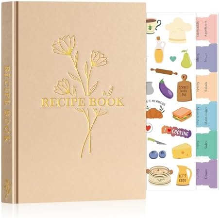 Lanpn Blank Recipe Book Cookbook to Write in Your Own Recipes, Waterproof A5 Empty Cooking Journal for 70 Recipes, Leather Cover Recipe Notebook with Stickers to Organize Your Family Recipes, Oat