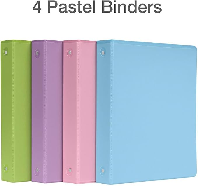 Cardinal 3 Ring Binders, Binders for School and Office, Durable 1.5 Inch, Round Rings, Holds 350 Sheets, ClearVue Presentation View, Non-Stick, Assorted Pastel Colors, 4 Pack (79552)