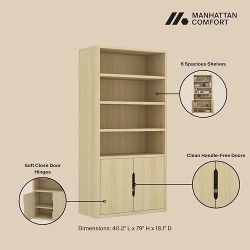 Manhattan Comfort Rivington Bookshelf, 79" Tall 4 Open Shelve Bookcase with Adjustable Shelves, Soft Close Doors for Living Room or Home Office, Rounded Corner Storage Cabinet, Set of 2 in Natural Oak