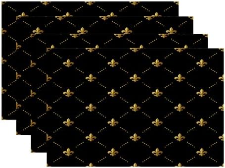 Batmerry Black French Fleur De Lis Placemats,Golden Pastoral Flowers Washable Linen Table Mats for Kitchen Table Double Insulation Decor Dining Set Indoor Outdoor 12X18 in Set of 4