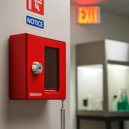 Barska Red Key Lock Breakable Glass Window Alarm Emergency Key Storage Lock Box with Attached Hammer for Home and Business