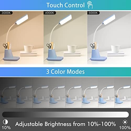 LED Desk Lamp with 10W Wireless Charging & Pen Holder, Blue