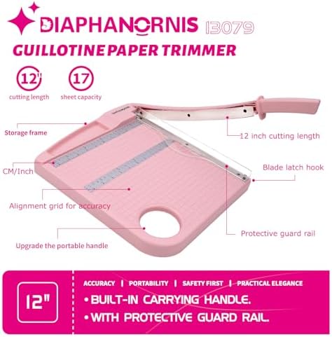 12" Paper Cutter, Precision Cut with Safety Protection and Blade Lock, 12 Sheet Capacity, Great for Cardstock, Cardboard, Photo, Vinyl, Crafts, Scrapbook (Pink)