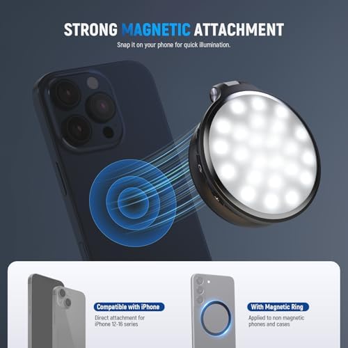 NEEWER Basics Magnetic LED Selfie Light Compatible with MagSafe iPhone, Desk Stand Phone Holder with Makeup Mirror 1160lx/0.2m 900mAh CRI95 Fill Lighting for Video Recording Streaming, Black NL48R